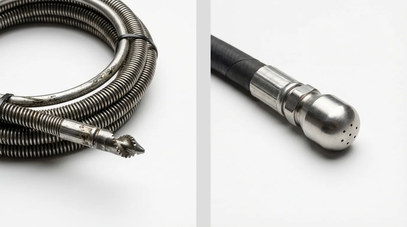 Drain snake cable and hydro jetting nozzle used for drain cleaning in Peoria, IL