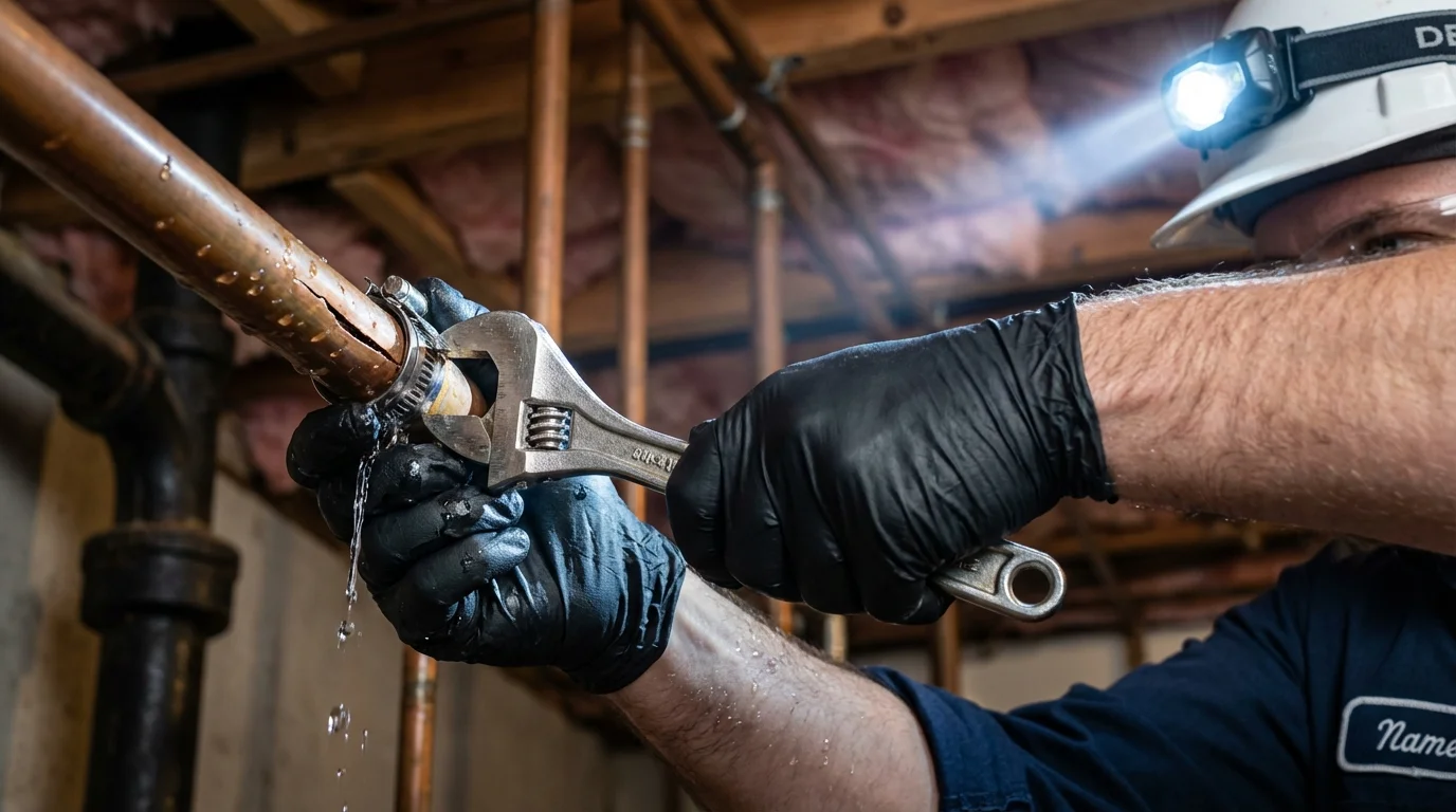 Emergency pipe clamp repair being performed by a Johns Plumbing LLC plumber in Peoria