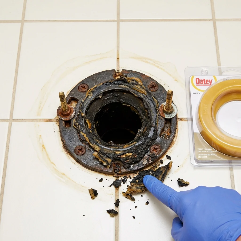 Failed wax ring showing water seepage at the base of a toilet in a Peoria, IL home