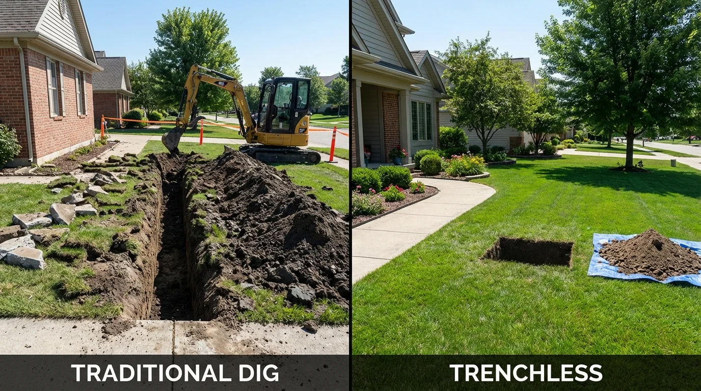 Trenchless sewer repair with minimal yard damage versus traditional excavation in Peoria, IL