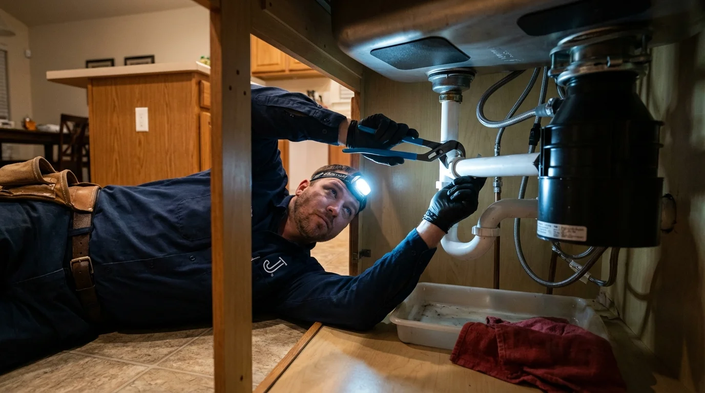 P-trap and supply line connections under a kitchen sink showing a common leak point in Peoria, IL
